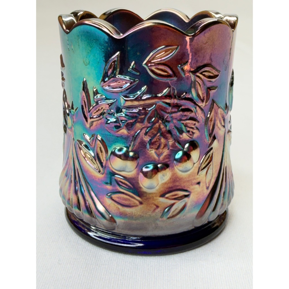 Vintage St Clair Cobalt Blue Carnival Glass Wreathed Cherry Toothpick Holder